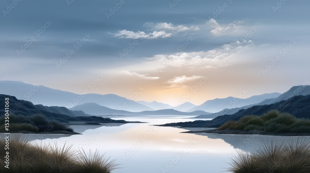 Tranquil landscape at dawn with calm waters and soft, muted colors. Tranquil landscape at dawn with calm waters and soft, muted colors.