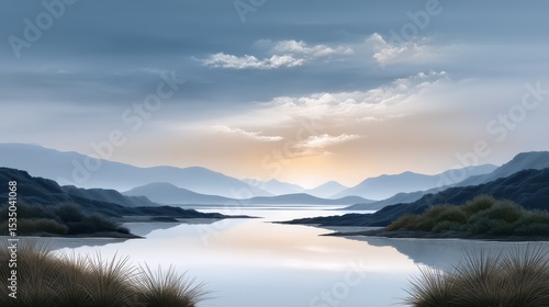 Tranquil landscape at dawn with calm waters and soft, muted colors.