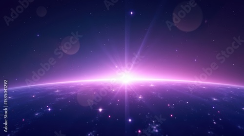 Stunning purple space sunrise over earth with glowing stars and lens flare