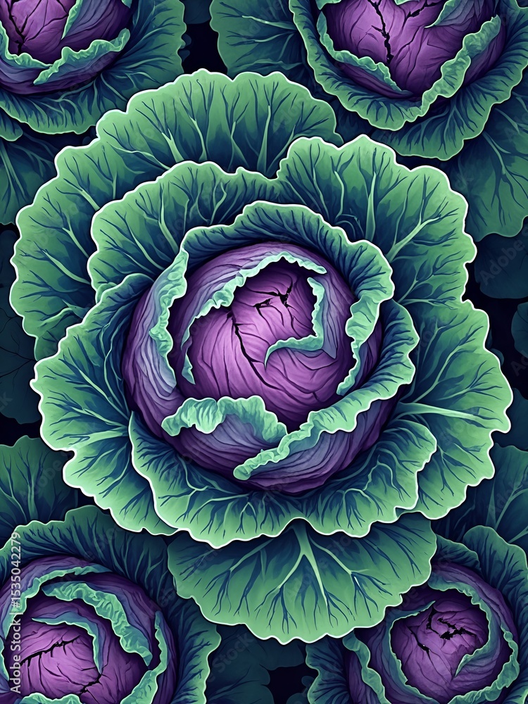 Obraz premium Dynamic anime cabbage motif, cabbages gently rolling, abstract leafy textures, vibrant green and purple hues, energetic and organic.