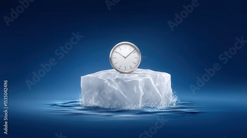 A silver clock resting on a melting iceberg, symbolizing the passage of time.