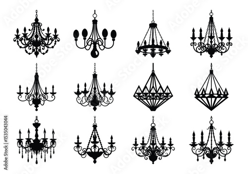 Elegant Chandelier Silhouettes Collection – Vintage and Modern Hanging Light Vector Set on white background 
