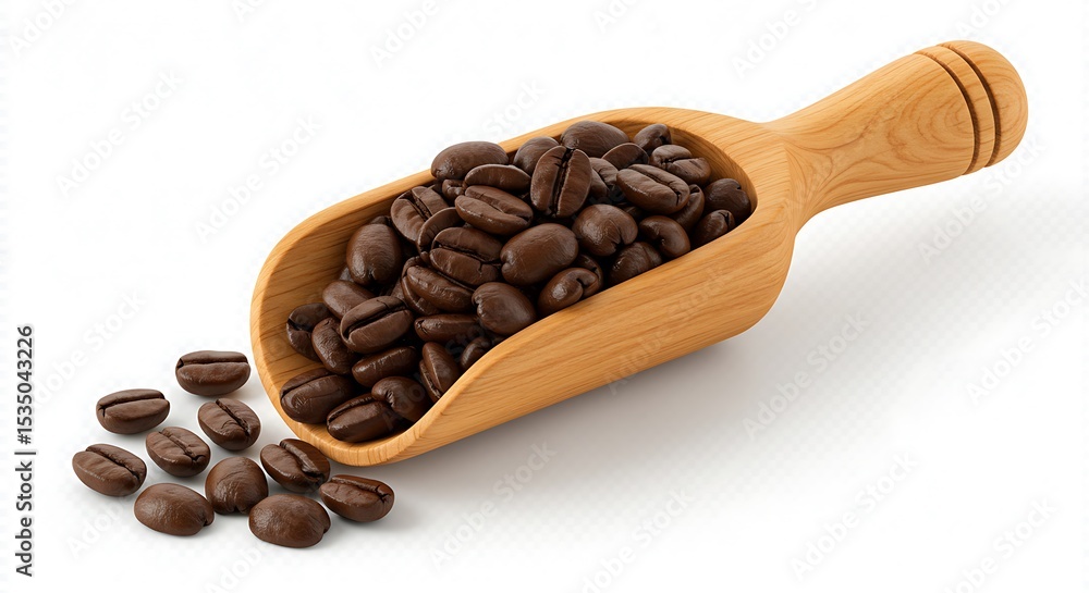 Obraz premium Rich Roasted Coffee Beans in Wooden Scoop