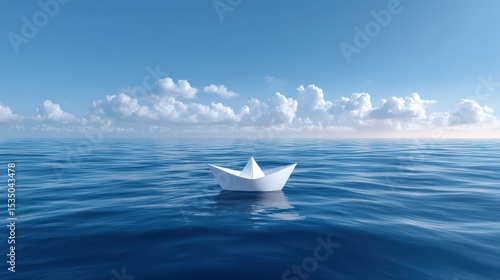 A serene paper boat floats calmly on a vast blue ocean under a bright sky.