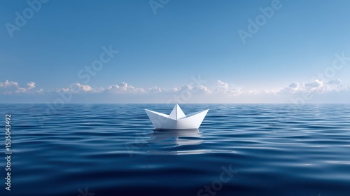 A serene white paper boat floats on calm, blue waters under a clear sky.