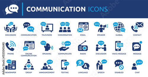 Communication icon set. Conversation, message, contact, announcement, email, phone, television, radio, speaker, chat online and more. Solid vector icons collection.