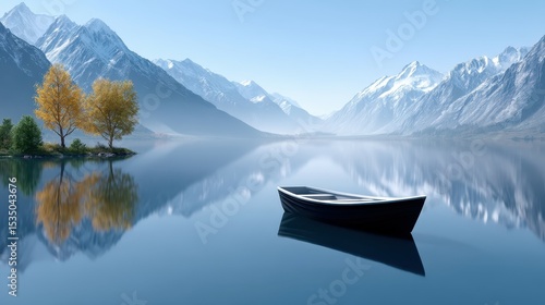 Serene lake view with a solitary boat and majestic mountains reflecting in the calm water.