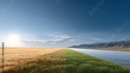 A stunning landscape with golden fields transitioning into lush green grass by a river.