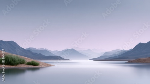 Serene landscape of mountains and calm water at dawn, with soft pastel colors.