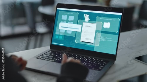 Secret documents copied and stolen from government archive using remote access. Spy or hacker typing on laptop computer hacking and breaking into system server. Security breach of classified material