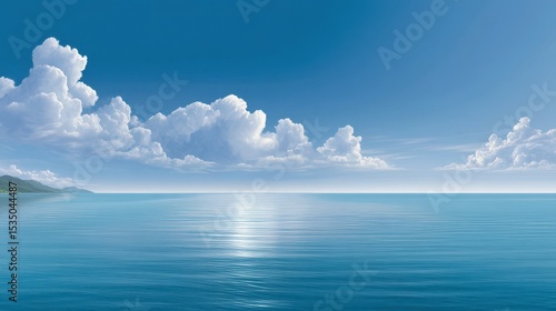 Serene ocean view with calm waters and fluffy white clouds under a clear blue sky.