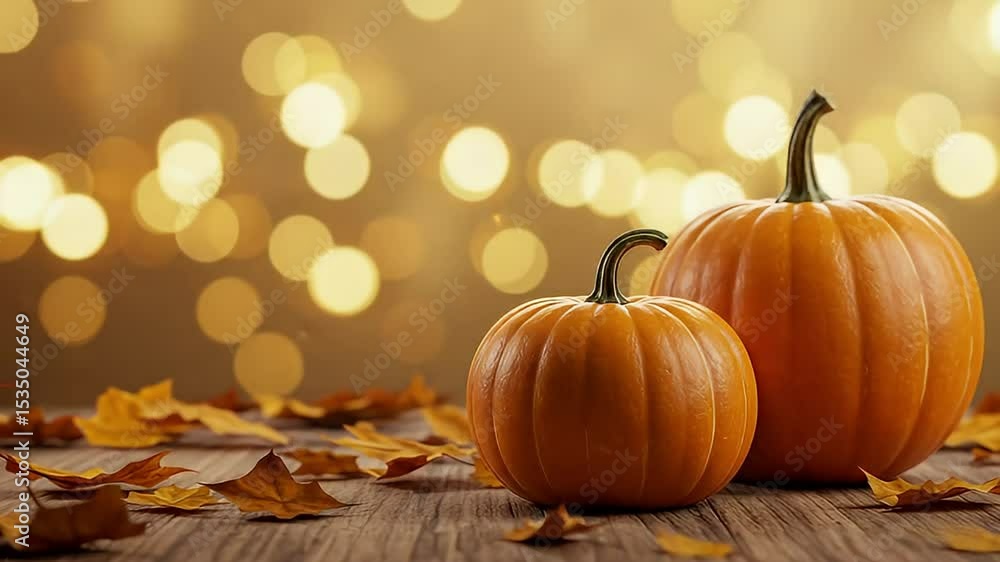 Ultra Wide Autumn Harvest Two Pumpkins and Fall Leaves