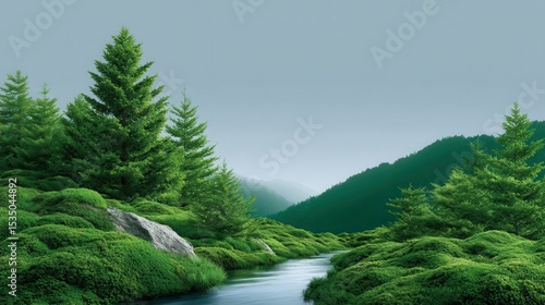 Lush green forest landscape with tranquil stream and misty mountains.