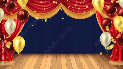 Abstract vector rendering theater stage curtain and Wooden theater stage.spotlights and Luxurious red and gold balloons Movie night or showtime