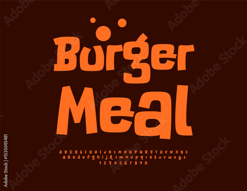 Vector Gourmet logo BurgerMeat. Bright Comic Font. Funny Orange Alphabet Letters, Numbers and Symbols
