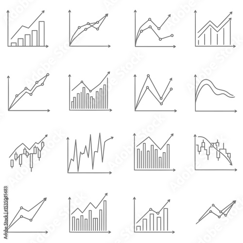 Collection of minimalist line art charts and graphs illustrating business financial growth and data analysis for presentation graphics