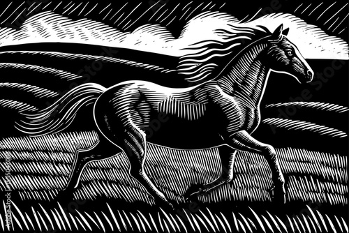Horse galloping through an open field with its mane flowing black and white sketch vector