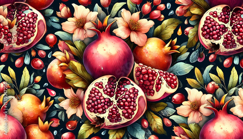 The pomegranate tree is an original watercolor painting depicting red ripe pomegranates and flowers. Beautiful pomegranate flowers on canvas. Modern Impressionism. Vivid artistic