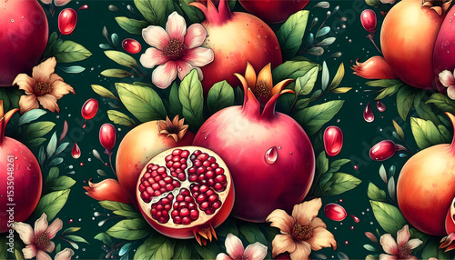 The pomegranate tree is an original watercolor painting depicting red ripe pomegranates and flowers. Beautiful pomegranate flowers on canvas. Modern Impressionism. Vivid artistic