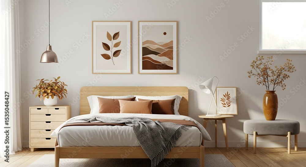 Fototapeta premium A clean and inviting bedroom features a large bed adorned with soft blankets and pillows