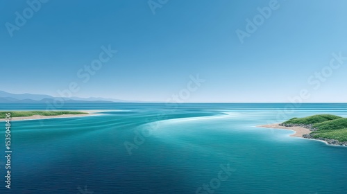 A serene coastal landscape with turquoise waters and gentle waves.