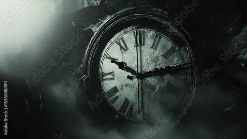 Wallpaper Mural Broken Clock in Dark Room: A close-up shot of an antique clock, shattered and covered in dust, sits in a dark, mysterious room, shrouded in fog, creating a sense of mystery, suspense. Torontodigital.ca