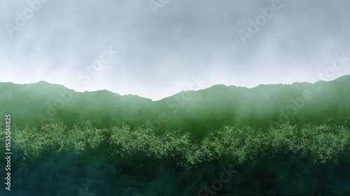 Lush green landscape with mist-covered mountains in the background.
