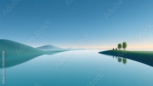 Serene landscape with gentle hills and a calm river at dawn.