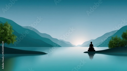 A serene figure meditating by a tranquil lake at sunrise.