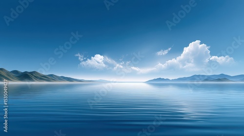 Serene blue seascape with gentle waves and distant mountains under a clear sky.