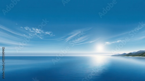 Serene ocean landscape with a bright sun and clear blue skies.