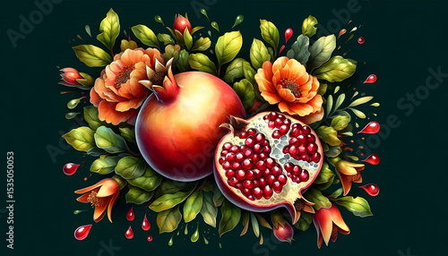 The pomegranate tree is an original watercolor painting depicting red ripe pomegranates and flowers. Beautiful pomegranate flowers on canvas. Modern Impressionism. Vivid artistic