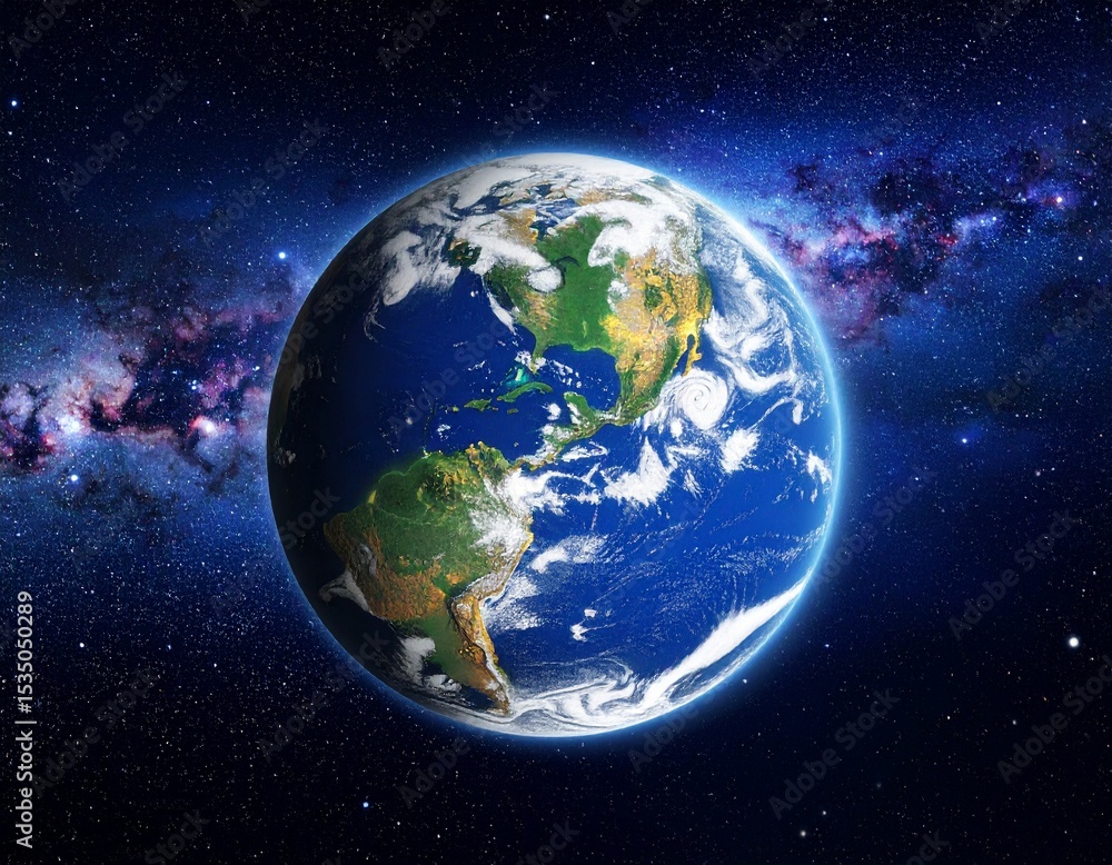 Obraz premium Realistic Earth floating in deep space with nebula galaxy background, cinematic light, high detail