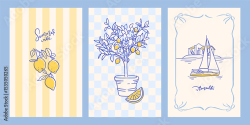 Hand draw la dolce vita posters set on minimalistic striped and checkered backgrounds. Vector illustration of lemons, potted tree and yacht for invitations, social media