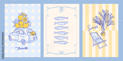 Amalfi style summer vacation posters set. Line art ink hand drawn Italy coast vintage elements. Sea weekend or rest drawings for cafe or restaurant decor,party invitations. Lemons and sardines. Vector
