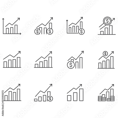 Set of financial growth icons representing market trends profit increase and positive economic indicators with upward arrows in a minimalist style