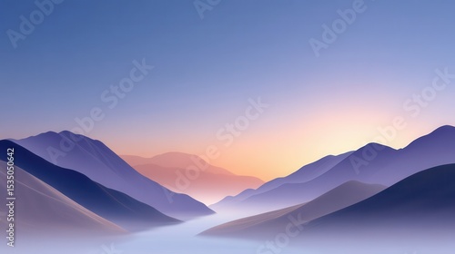 Serene sunrise over tranquil blue mountains with soft hues of dawn.