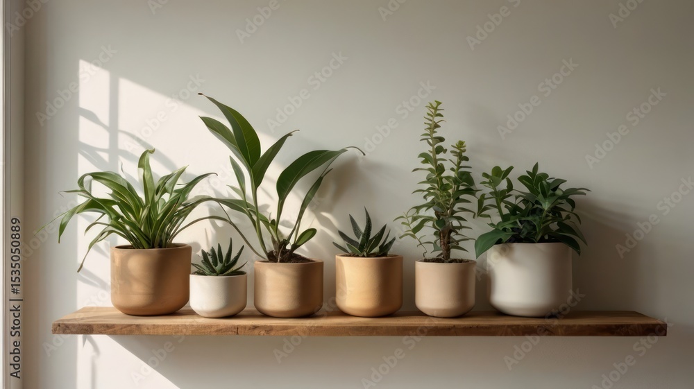 Fototapeta premium Plants in terracotta pots on shelf