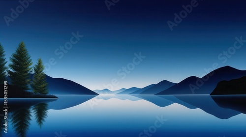 Tranquil lake landscape with mountains and evergreen trees at dusk.