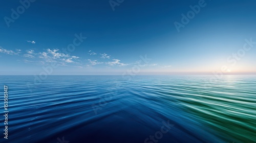Serene ocean view at sunrise, with gentle waves and a bright blue sky.