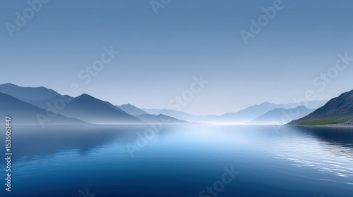 Serene blue landscape with mountains reflecting on calm water at twilight