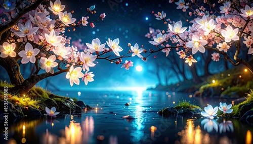 美しい桜と優しく光る青い光、背景壁紙デスクトップ画像 Generated by AI	