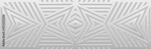 Banner, cover design, wallpaper. Geometric ethnic abstract pattern on silver background, embossing. 3D relief ornaments, arabesques, mandala, fresco, painting of the East, Asia, India, Mexico, Aztec