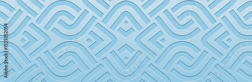 Banner, cover design, wallpaper. Geometric ethnic abstract  pattern on a blue background. Embossed 3D ornaments, arabesques, mandala, fresco, painting of the East, Asia, India, Mexico, Aztec, Peru. 