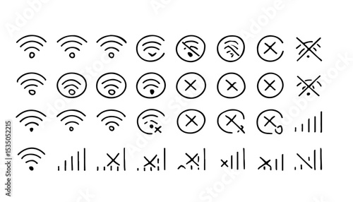 A collection of wifi and signal strength icons showing connected disconnected and varying signal levels displayed