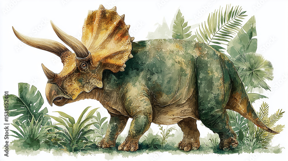 Fototapeta premium Triceratops clipart | watercolor style | prehistoric greenery around | white background