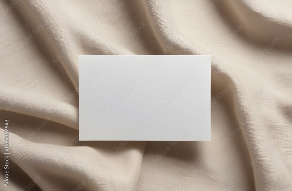 Fototapeta premium Minimalist stationery mockup: Blank white card on soft beige fabric background
