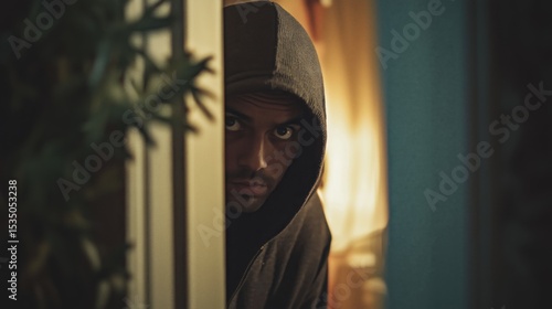Man in a hood peeking from behind a door in a dimly lit room. Atmosphere of mystery and tension.