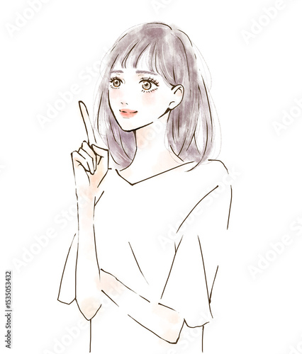 指を差す女性　明るい表情のイラスト素材