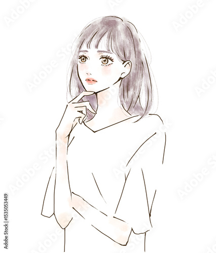 悩む人物のイラスト　水彩風　疑問　質問　考えるポーズ